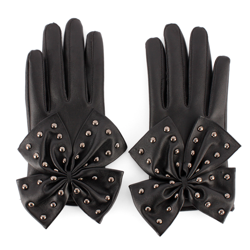 Free Shipping Women's gloves leather buttons big bow Women gloves fashion short design