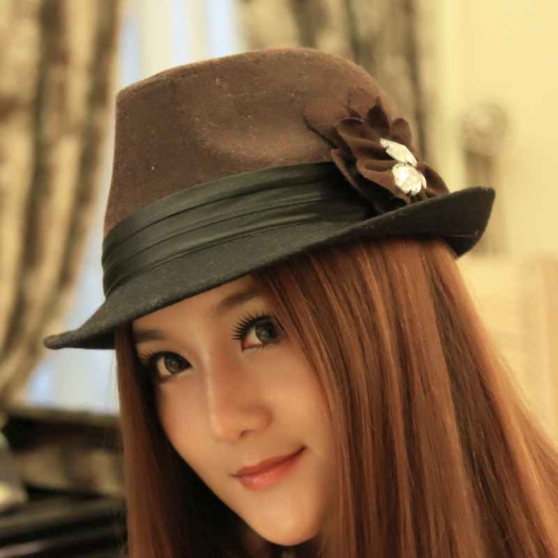 Free Shipping Women's hat flower fedoras fashion all-match two-color woolen billycan