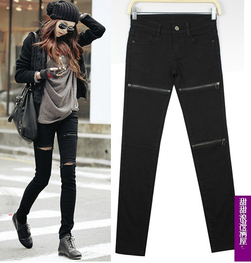 Free Shipping Women's hole zipper black elastic denim skinny pants pencil pants denim trousers a9475 wholesale