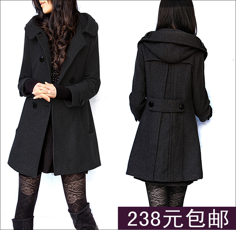 Free Shipping Women's hooded wool coat woolen outerwear plus size plus size slim trench