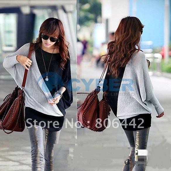 Free Shipping Women's Ladies Casual Hip-length Blouse Loose Batwing Long T-Shirt Tops