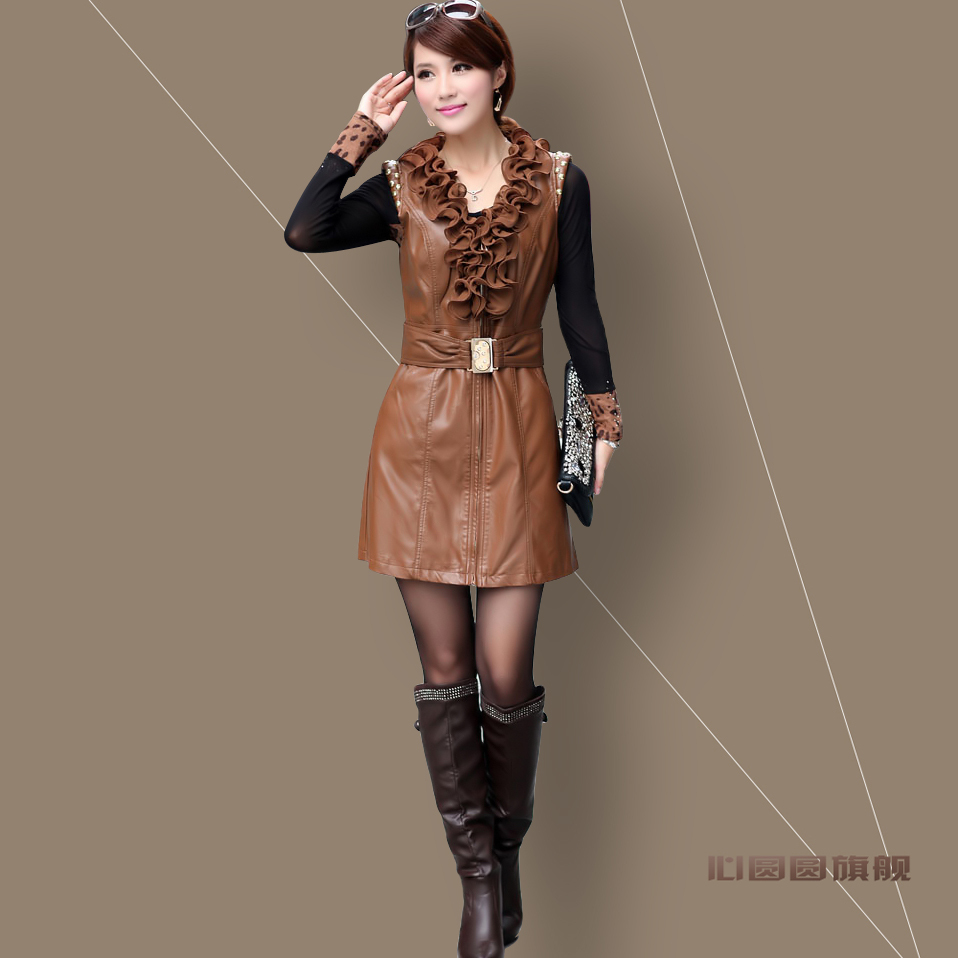 free shipping/women's  leather  PU one-piece dress autumn and winter sleeveless tank dress