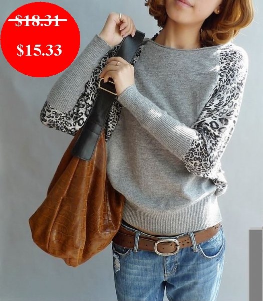 Free shipping women's long bat-wing leopard print sleeve mercerized cotton knitting sweater 2223