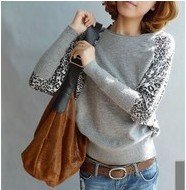 Free shipping women's long bat-wing leopard print sleeve mercerized cotton knitting sweater