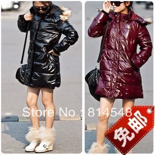 Free Shipping women's long design  Red&Black thickening winter wadded jacket hooded fur collar Down & Parkas outerwear
