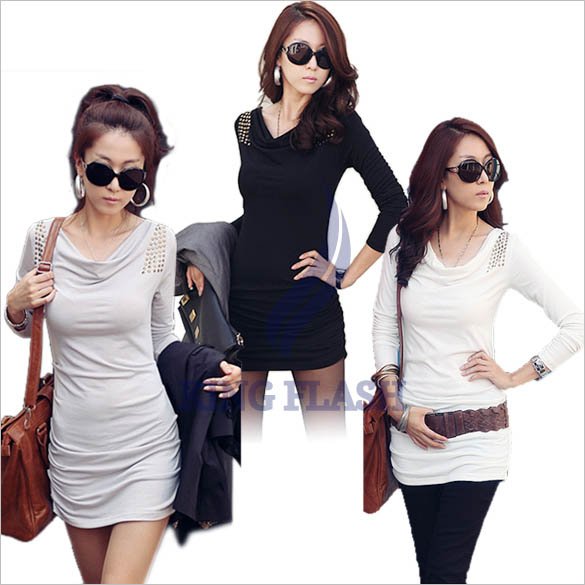 Free Shipping Women's Long Sleeve Clinging tight fitting Ruffle Rivet Should Sexy Slim Tight Graceful Sheer Mini Dress