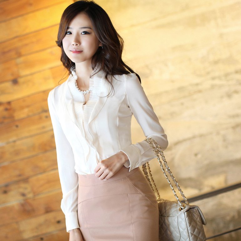 Free shipping women's Long Sleeve professional shirt ,chiffon Fashion V-Neck blouses 2013 big size S M L XL XXL