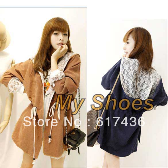 Free Shipping Women's Loose Long Sleeve Hooded Coat Lace Decor Mid-length Thin Trench Coat Dark Blue, Khaki 7968
