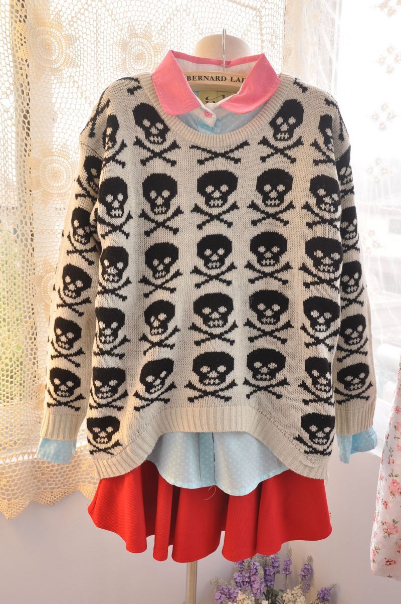 free shipping Women's loose pullover skull sweater low-high double layer jacquard 79