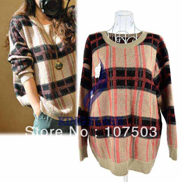 Free shipping Women's Loose Retro Plaid Thick Knitting Sweater Long Sleeve Cardigan Coat 9173