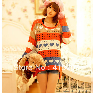 Free shipping!Women's love stripe cutout loose sweater Four color Free size