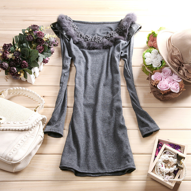 Free Shipping! Women's O-neck Long-sleeve Ruffled Pleated Sleeve Patchwork PU Leather Long Design Knitted Cotton T-Shirt B06801#