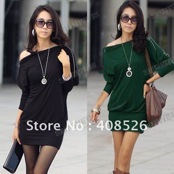 FREE shipping Women's Off-Shoulder Tops Shirt Zip Korea Batwing OL Long Sleeve Dress 2 Colors M,L,XL Free shipping 3492