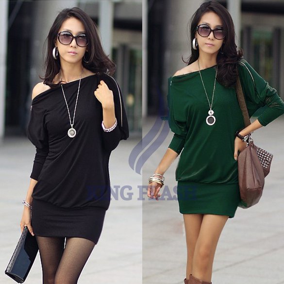 free shipping Women's Off-Shoulder Tops Shirt Zip Korea Batwing OL Long Sleeve Mini Dress 2 Colors 3492