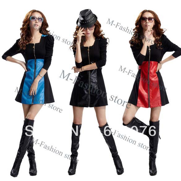 Free shipping Women's PU leather zipper One-piece Long Sleeve Dress 3 Colors 9057