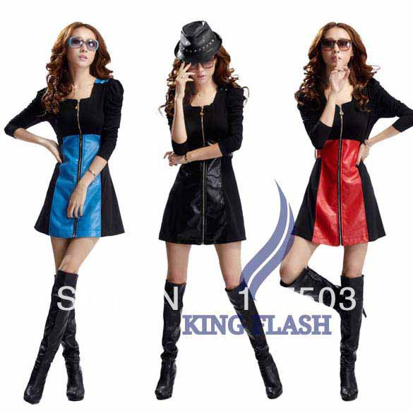 Free shipping Women's PU leather zipper One-piece Long Sleeve Dress 3 Colors 9057