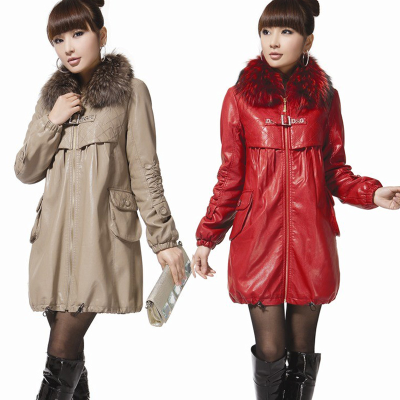 Free Shipping Women's raccoon fur skin overcoat PU medium-long thickening leather wadded jacket outerwear