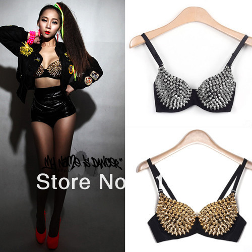 FREE SHIPPING Women's Sexy Gold Silver All Over Punk GAGA Metallic Gathers Spike Studs Rivet Bra Party Bralet Clubwear B CUP