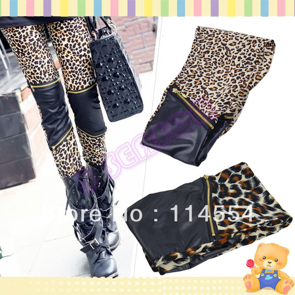 Free Shipping Women's Sexy Imitation Leather Patchwork Zipper Leopard Print Leggings Skinny Pants 10033