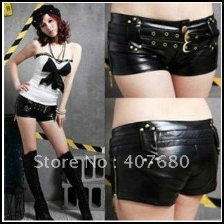 free shipping women's sexy low waist hot pants slim shorts ds Costume night club with double belt leather shorts side zipper.
