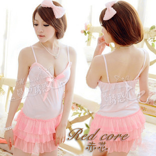 Free shipping Women's sexy pink underwear faux silk sexy spaghetti strap full dress