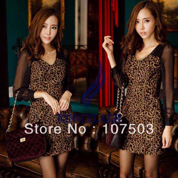 free shipping Women's Sexy V-neck Cotton Chiffon Long Sleeve Leopard Print Bag Hip Dress Mini 3 Sizes 9230