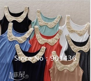 Free shipping!! Women's Shiny collar vest sexy tank top fashion tops colorful +Rerail and Wholesale