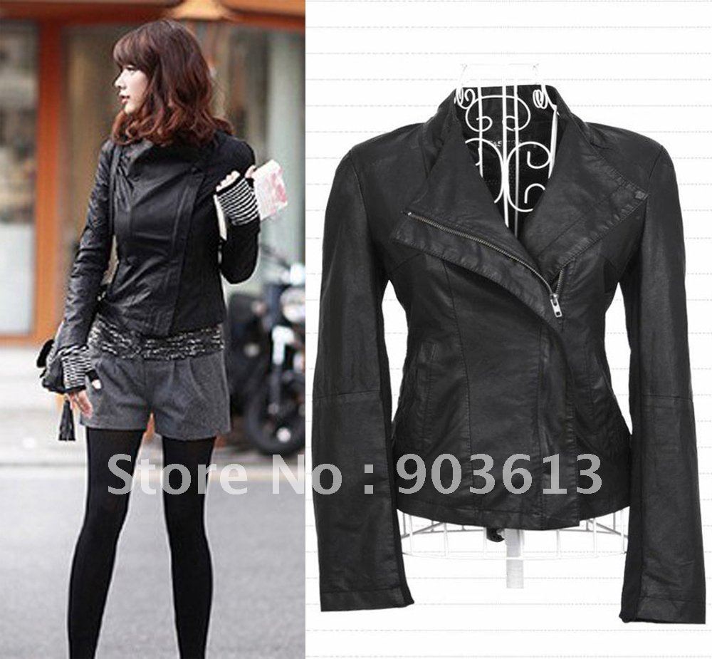 Free shipping women's short design outerwear slim fold stand collar stunning black leather clothing outerwear