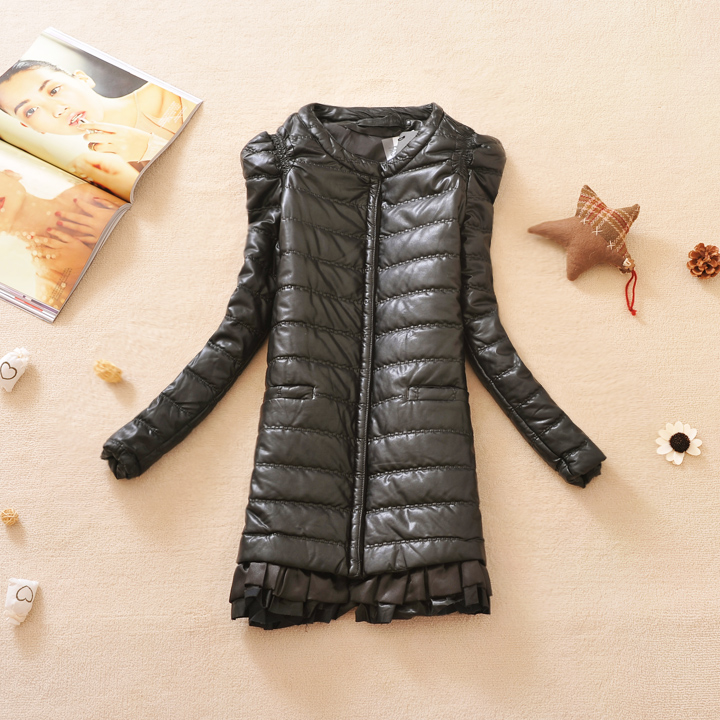 free shipping women's silk ruffle thin PU leather medium-long wadded jacket, cotton-padded coat,lady winter jacket