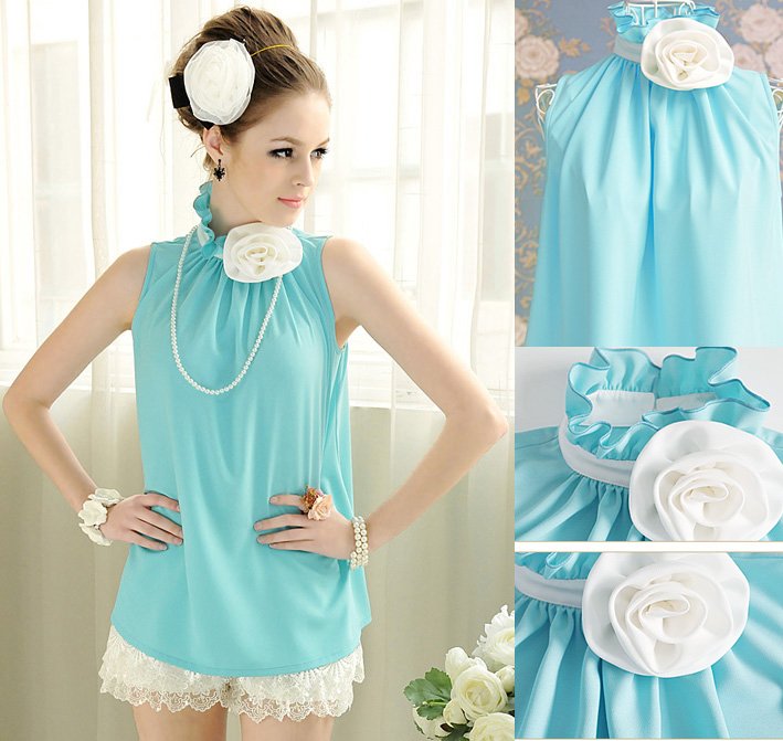 Free Shipping Women's Sleeveless Chiffon Blouse High Ruffle Collar With Flower Blue White Pink Color Women Elegant Shirts E4245