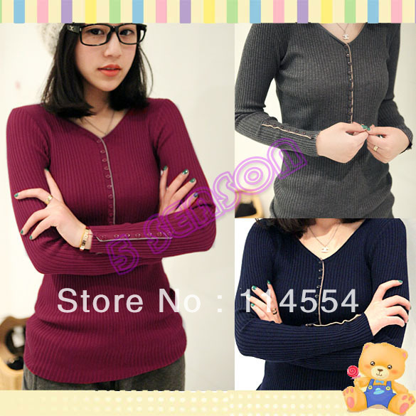 Free Shipping Women's Slim Long Sleeve Thread Bottoming Shirt Knitted Sweater T-shirt 6 Colors 11030