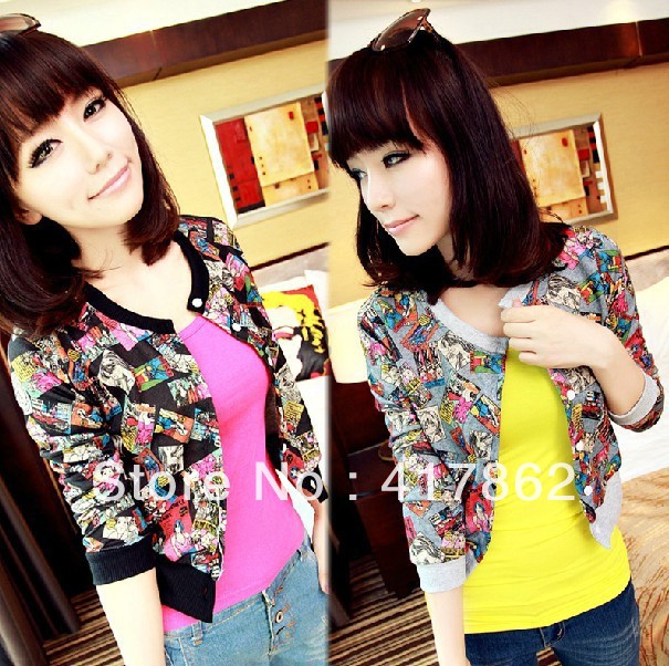free shipping Women's spring 2013 fashion slim cartoons small short jacket gray black-matrix
