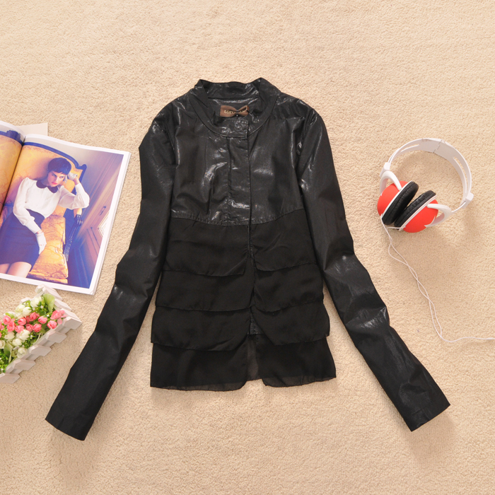 Free shipping Women's spring and autumn thin small cute stand collar chiffon shirt outerwear PU edge