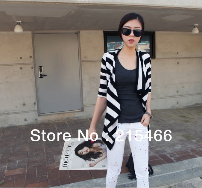 Free Shipping Women's Spring Autumn Cotton Casual Coat Striped Half Sleeve Fashion Free Size Cardigan Wholesale and Retail