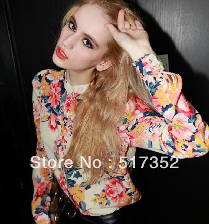 Free Shipping Women's Spring High Street Sexy Floral Print Elegant Long Sleeve Chiffon Shirt Blouses New Fashion 2013 for Women