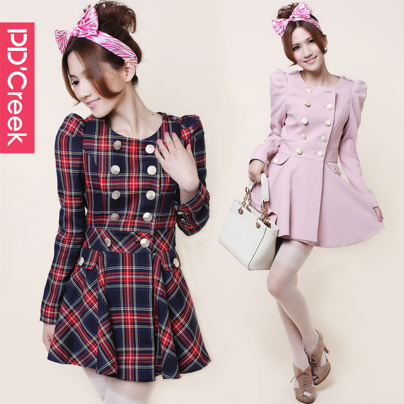 Free Shipping Women's Spring sweet elegant slim puff sleeve double breasted medium-long trench outerwear