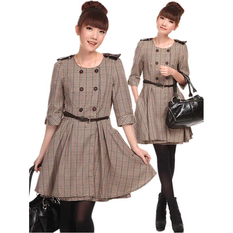 Free Shipping! Women's Star OL Long Design Double Breasted Slim Epaulette Expansion Skirt Half Sleeve Trench