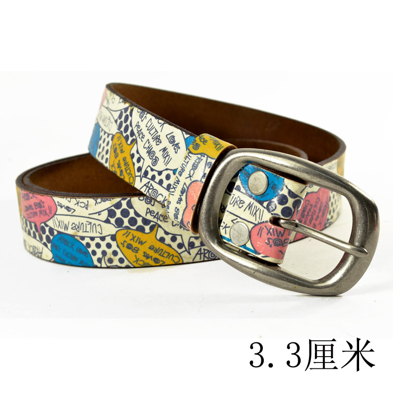 Free shipping women's strap first layer of cowhide genuine leather belt male unisex wide belt fashion doodle print white belt
