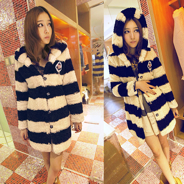 Free Shipping Women's stripe with a hood long design plush outerwear wadded jacket 12394 LDX