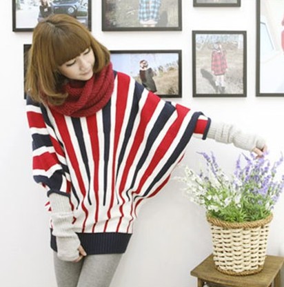 Free shipping-women's sweater  new arrival vivi bars batwing sleeve striped  fashion sweater pullovers Free size