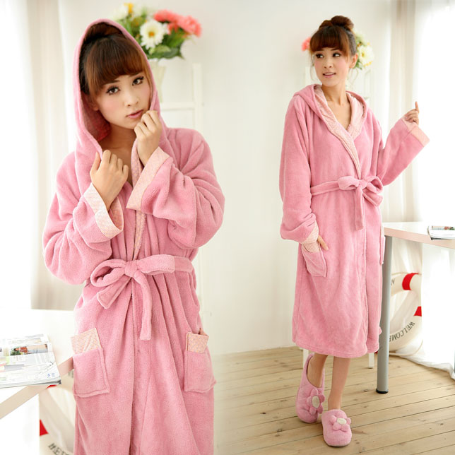 free shipping Women's sweet super soft autumn and winter coral fleece bathrobe robe lounge plus size with a hood pink hot