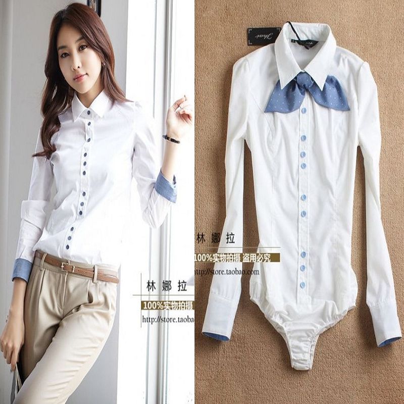 Free shipping!Women's top white-collar elegant long-sleeve Siamese body shirts,asia size
