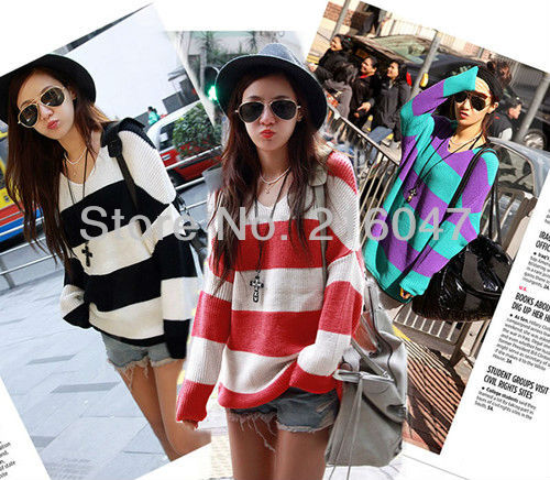 Free shipping Women's V-neck Long Sleeve Striped Pullover Sweater Jumper WF-0220