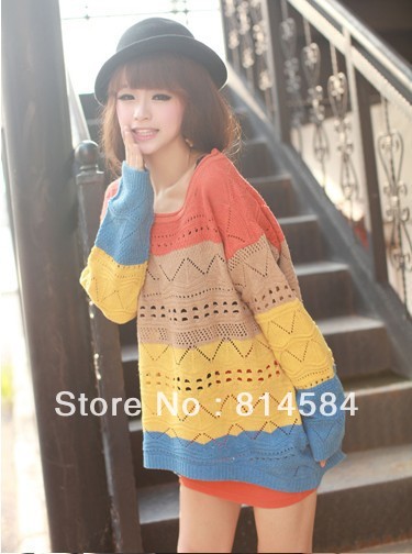 Free Shipping women's wave batwing sleeve sweater all-match casual striped color block cutout pullover JP-155