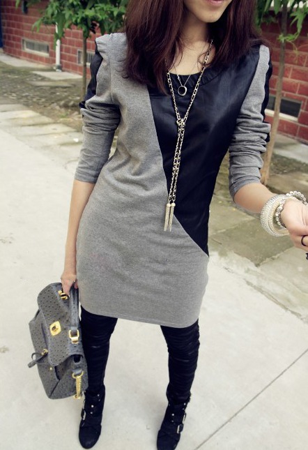 Free Shipping ! Women's winter 2011 patchwork leather small handsome long design t 714
