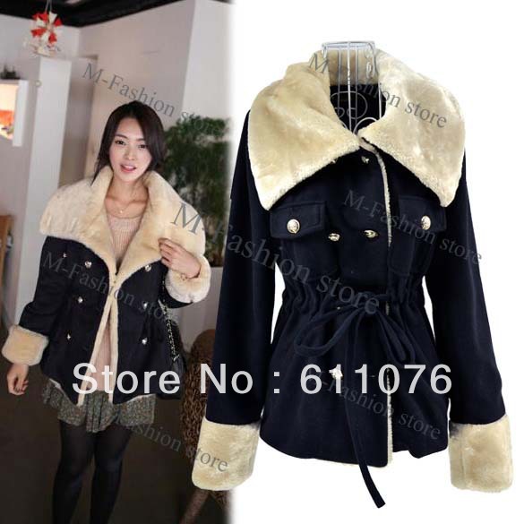 free shipping Women's Winter Warm Waist Lace Up Double-breasted Thick Faux Fur Coat Jacket M,L  9056