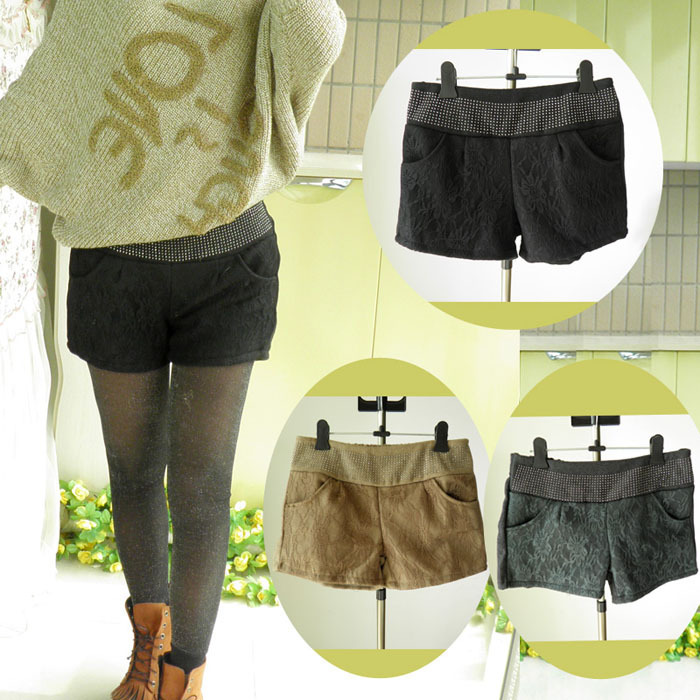 Free shipping! Women's woolen short trousers lace diamond decoration shorts casual shorts boot cut jeans