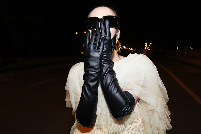 Free shipping Women Sexy Faux Synthetic Leather Black color Gloves Gothic Five Fingers Long PU Gloves 50cm length