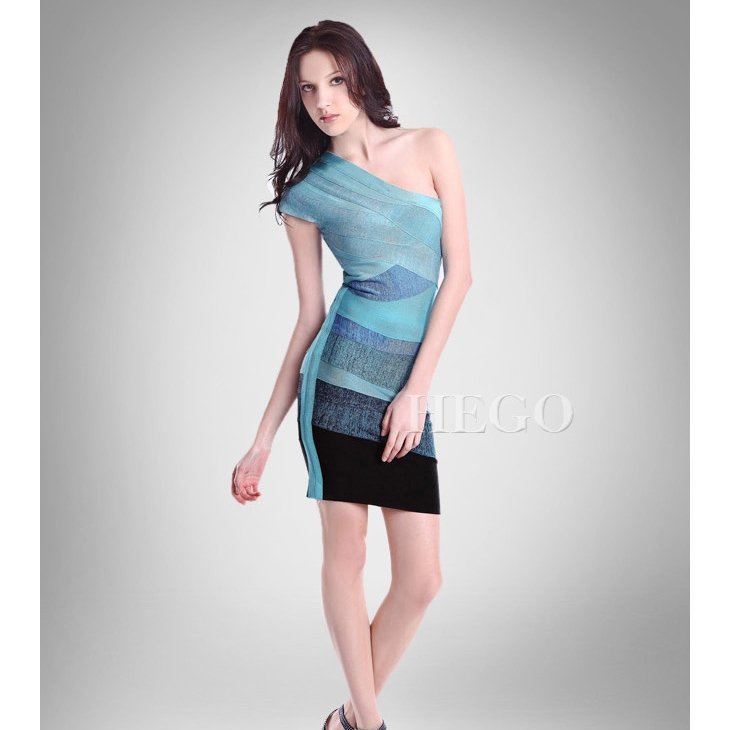Free Shipping! Women Sexy One Shoulder Gradient Colorant Match Fashion Bandage Dress Star Formal Dresses D0680#