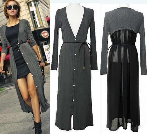free shipping  women sexy  translucidus chiffon patchwork long lacing thin trench outerwear long knitted wear black grey colour